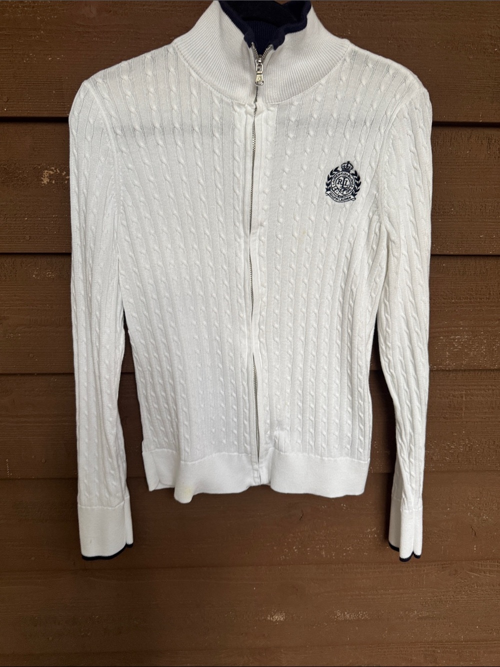 Lauren Ralph Lauren White Cable-Knit Zip Cardigan with Navy Crest Accent size L